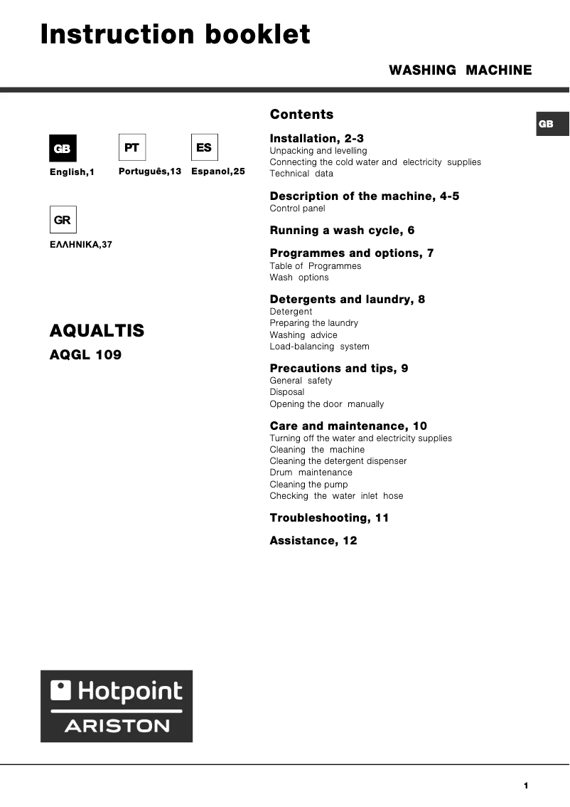 Page 1 of the manual User Manual Hotpoint Aqualtis AQGL 109