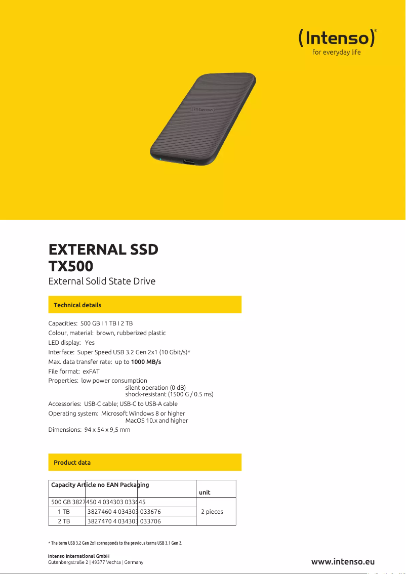 Page 1 of the manual Technical Sheet Intenso TX500