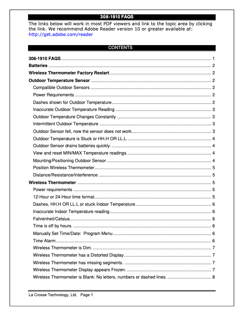 Page 1 of the manual FAQ La Crosse Technology 308-1910B