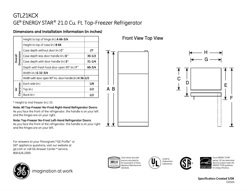 Page 1 of the manual Technical Sheet GE GTL21KCXBS
