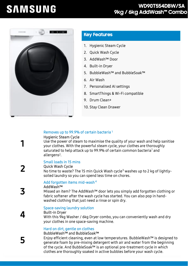 Page 1 of the manual Technical Sheet Samsung WD90T554DBW