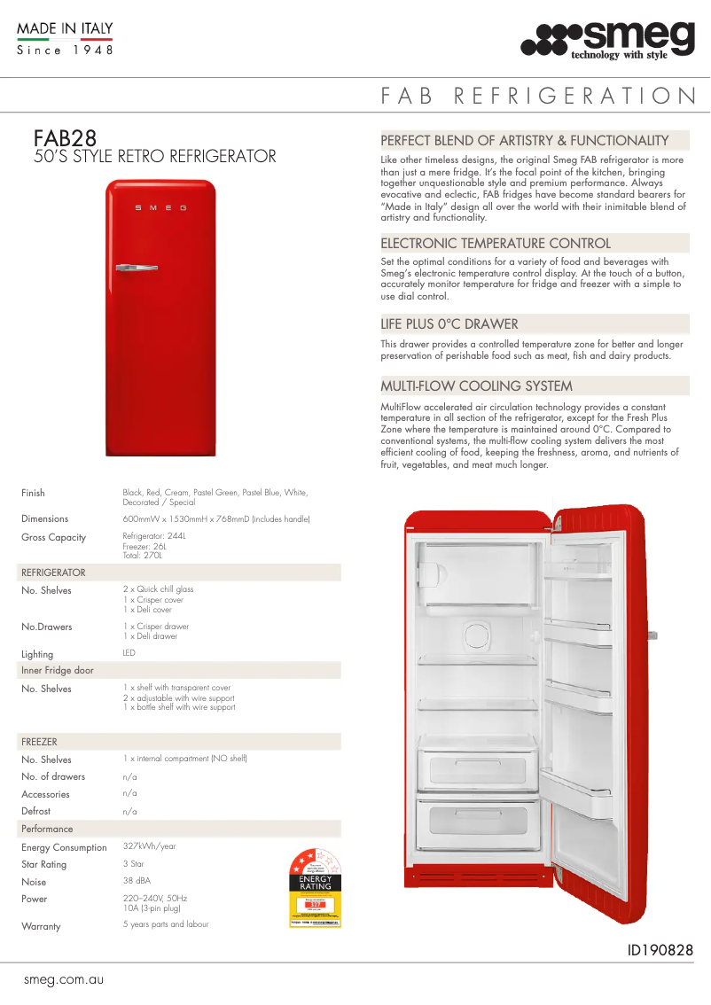 Page 1 of the manual Technical Sheet Smeg FAB28LCR3