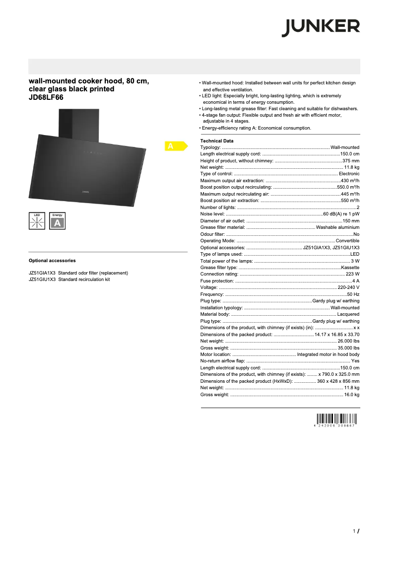 Page 1 of the manual Technical Sheet Junker JD68LF66