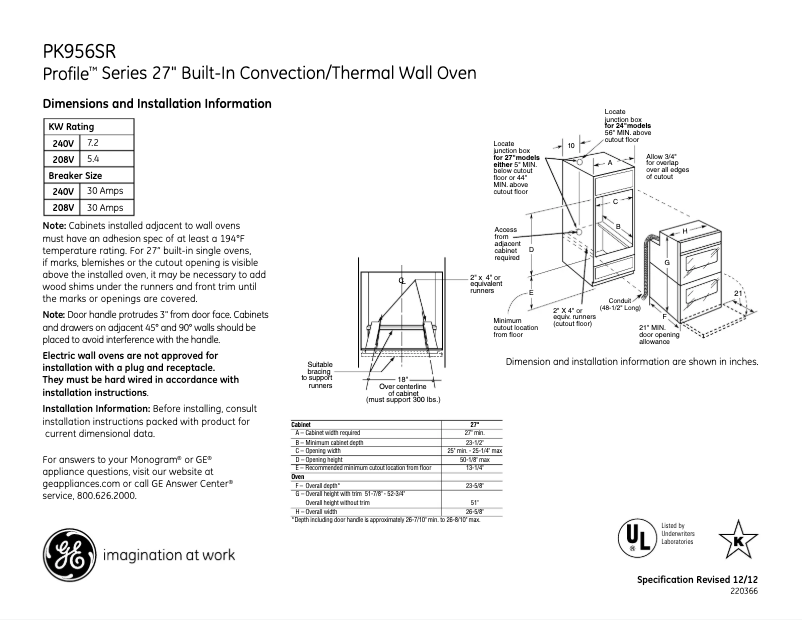 Page 1 of the manual Technical Sheet GE PK956SRSS