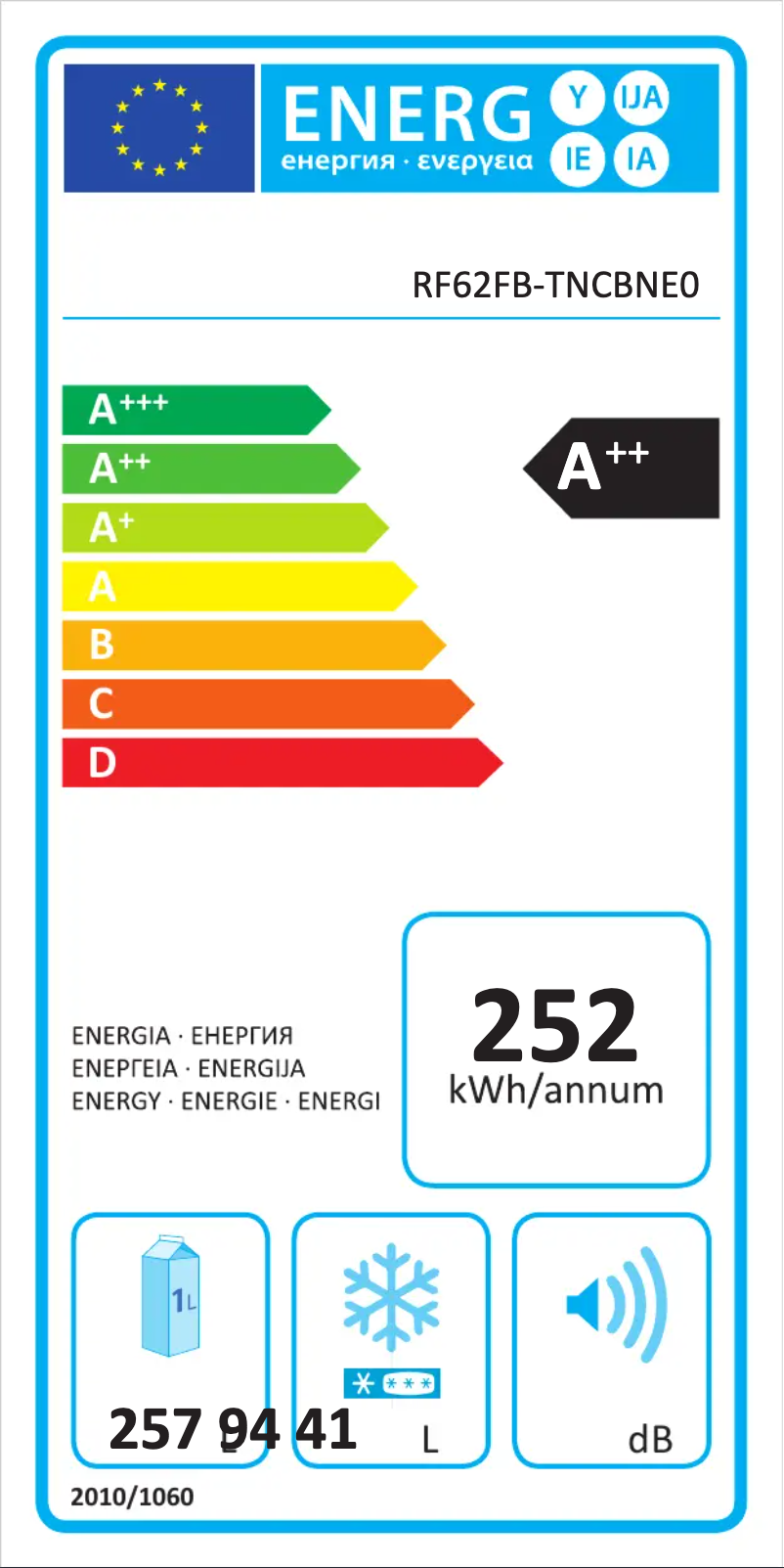 Page 1 of the manual Energy Label Snaigė Fresh INN RF62FB-TNCBNE0