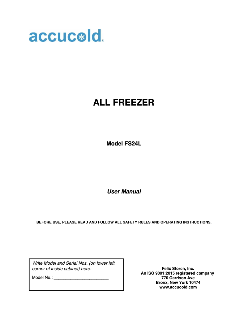 Page 1 of the manual Use and Maintenance Manual Accucold FS24L