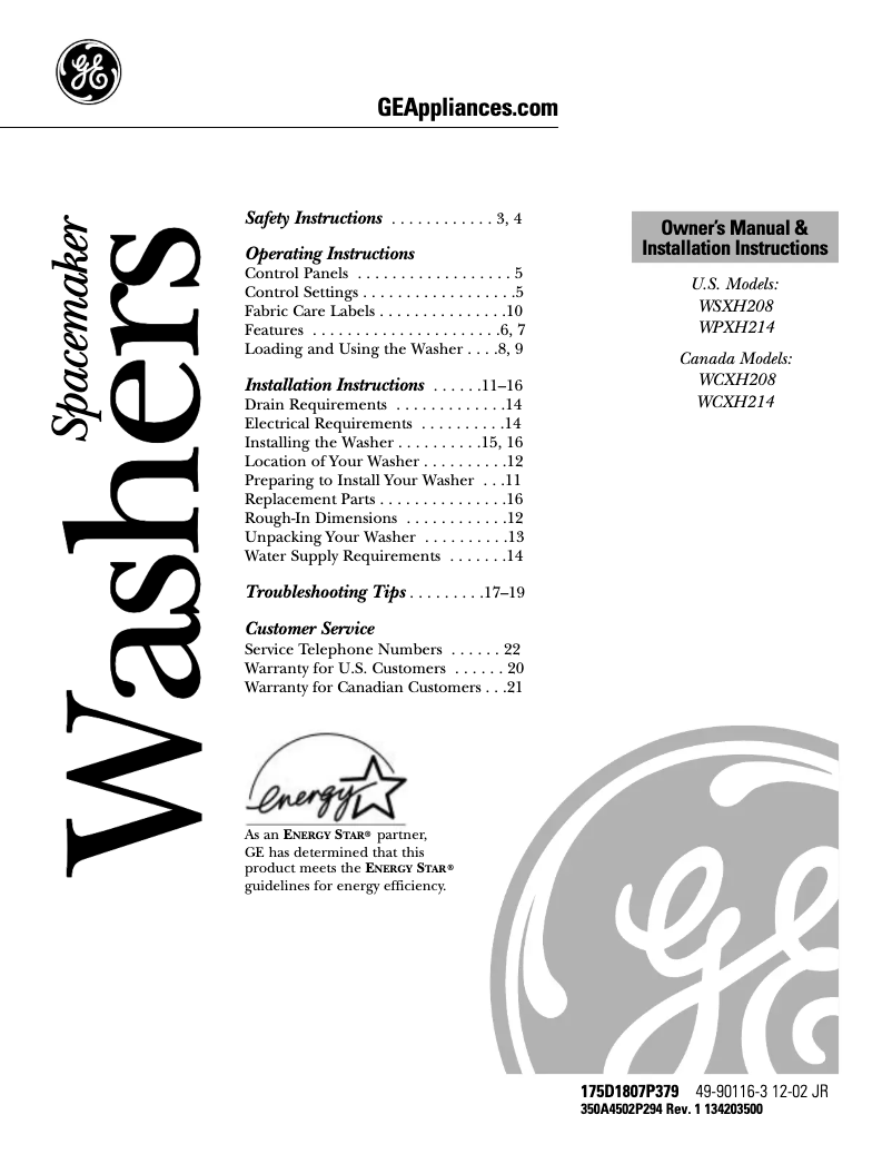 Page 1 of the manual Use and Maintenance Manual GE WSXH208AWW