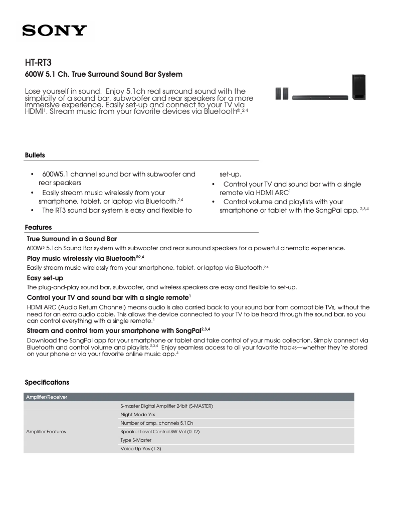 Page 1 of the manual Technical Sheet Sony HT-RT3