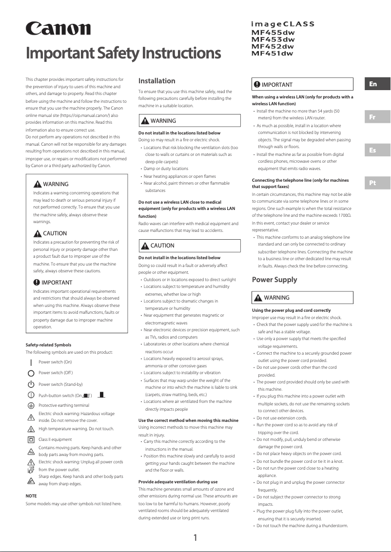 Page 1 of the manual User Manual Canon imageCLASS MF452dw