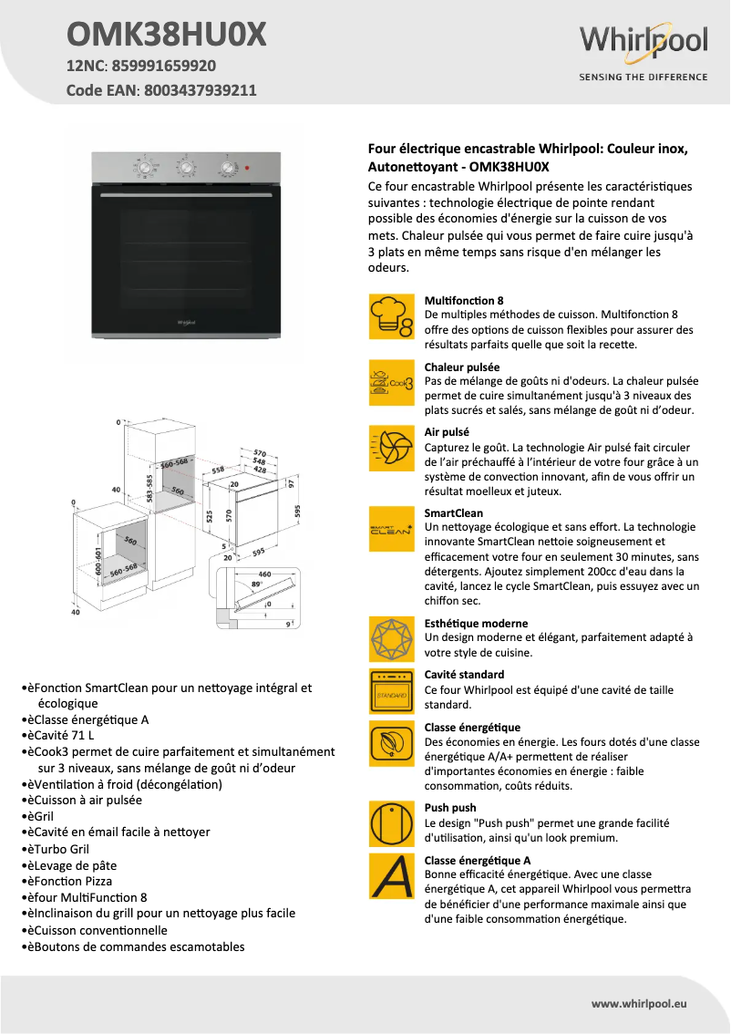 Page 1 of the manual Technical Sheet Whirlpool OMK38HU0X