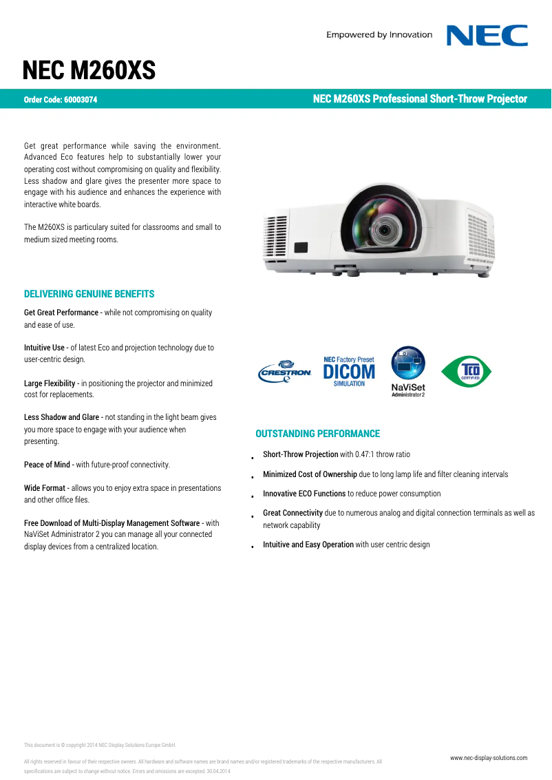 Page 1 of the manual Technical Sheet NEC M260XS