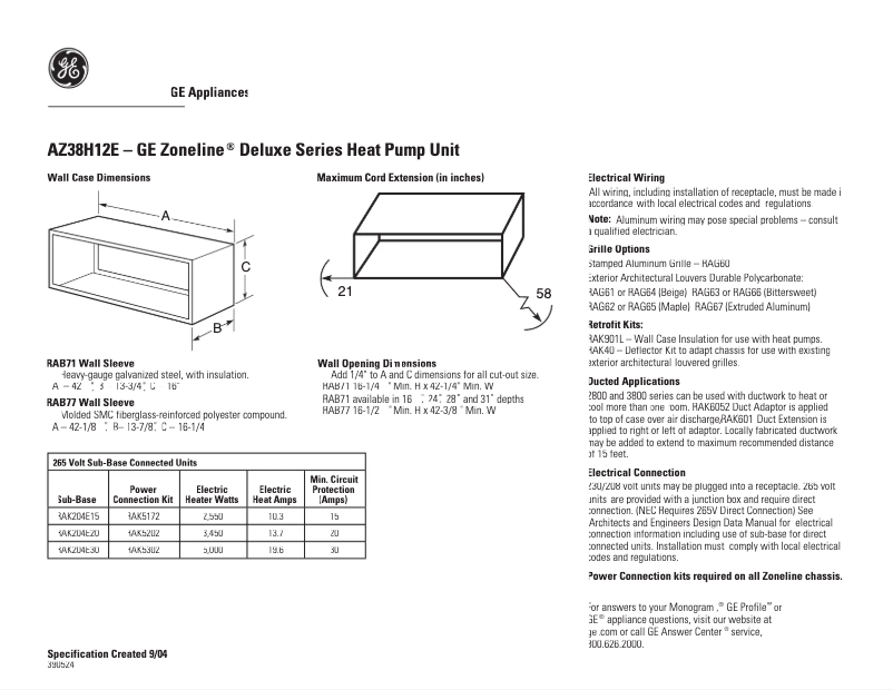 Page 1 of the manual Technical Sheet GE AZ38H12EAB