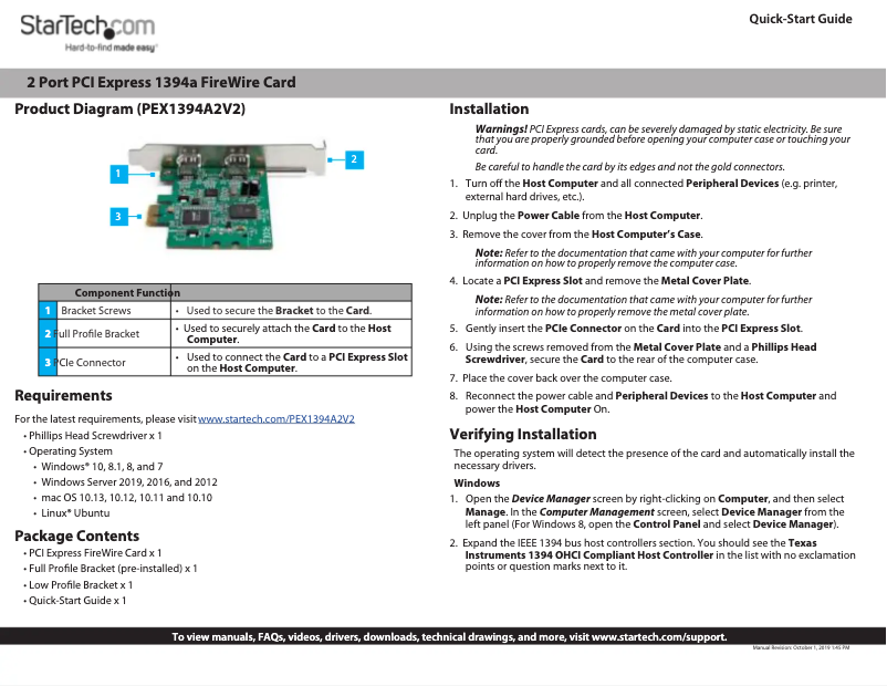 First page image of the manual for PEX1394A2V2