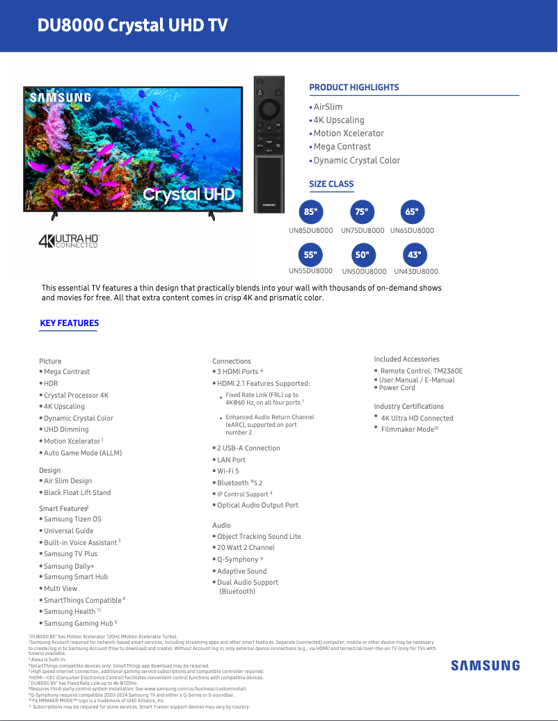 Page 1 of the manual Technical Sheet Samsung UN55DU8000F