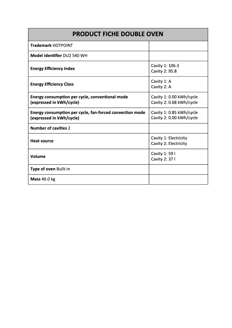 Page 1 of the manual Technical Sheet Hotpoint DU2 540 WH