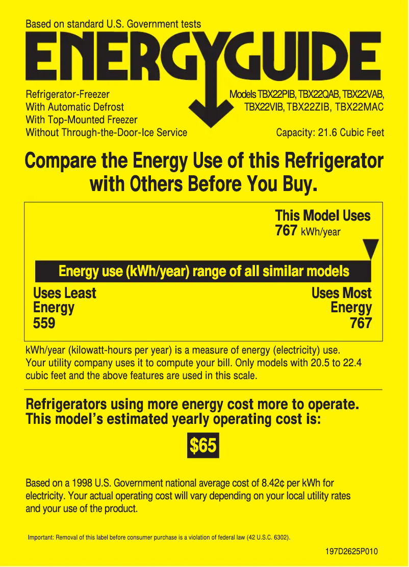 Page 1 of the manual Energy Label GE Profile TBX22PIBBB