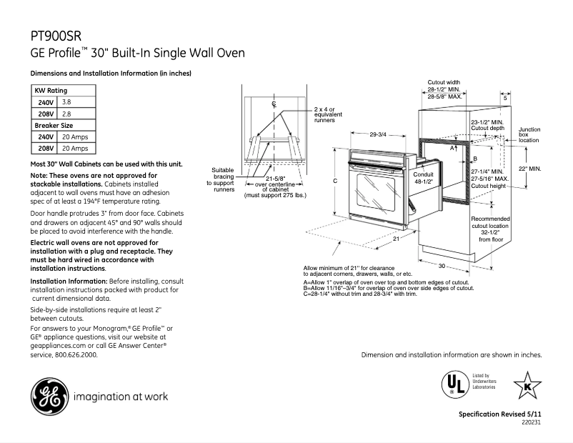 Page 1 of the manual Technical Sheet GE PT900SRSS