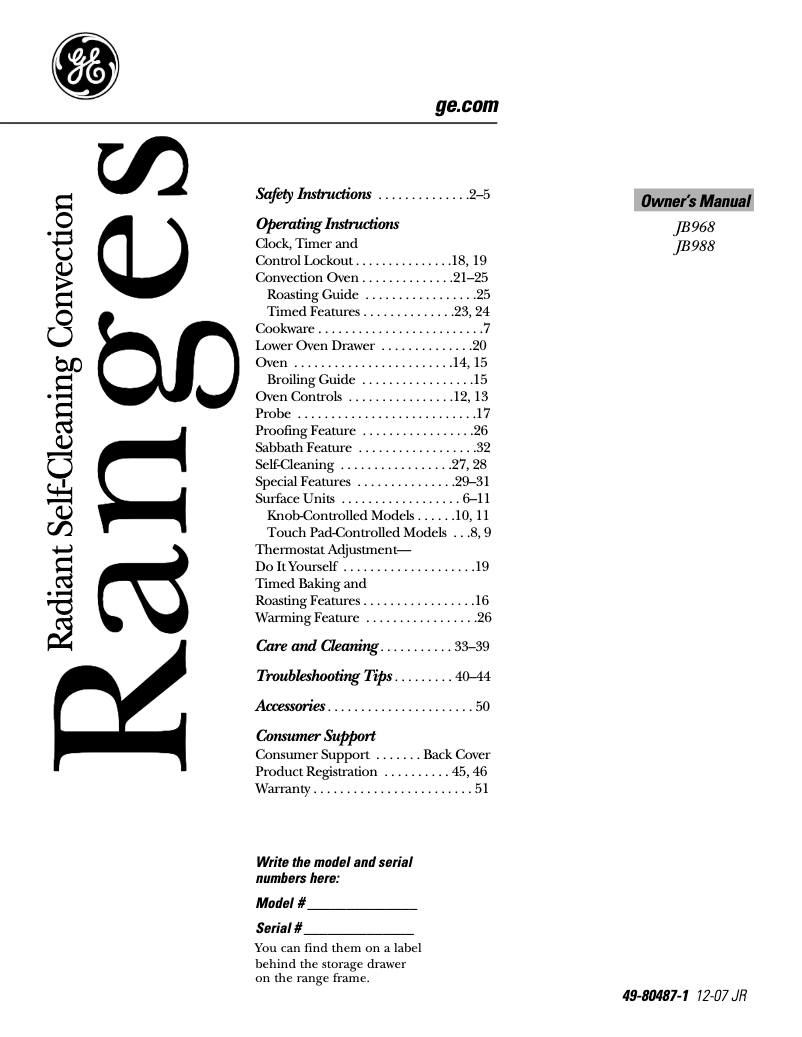 Page 1 of the manual Use and Maintenance Manual GE Profile JB968BHBB