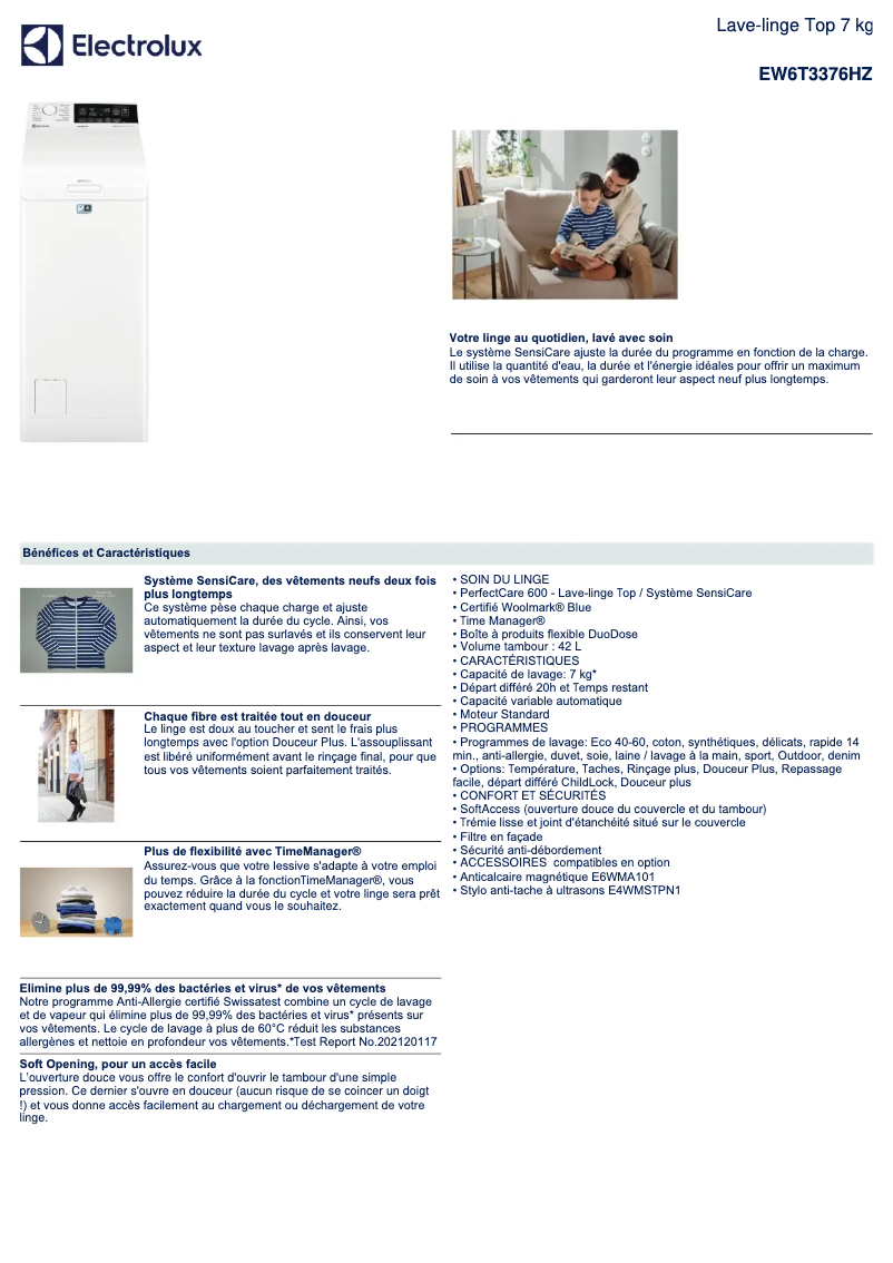 Page 1 of the manual Technical Sheet Electrolux EW6T3376HZ