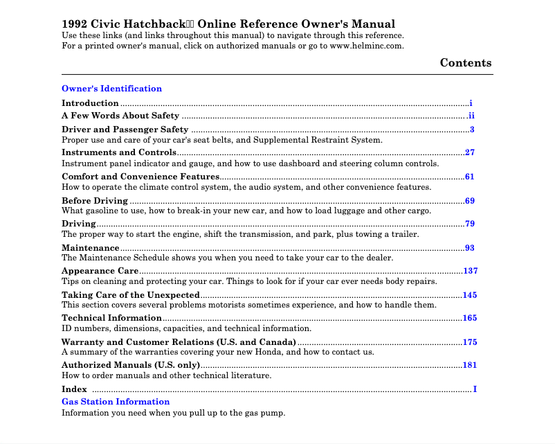 First page image of the manual for Civic (1992)