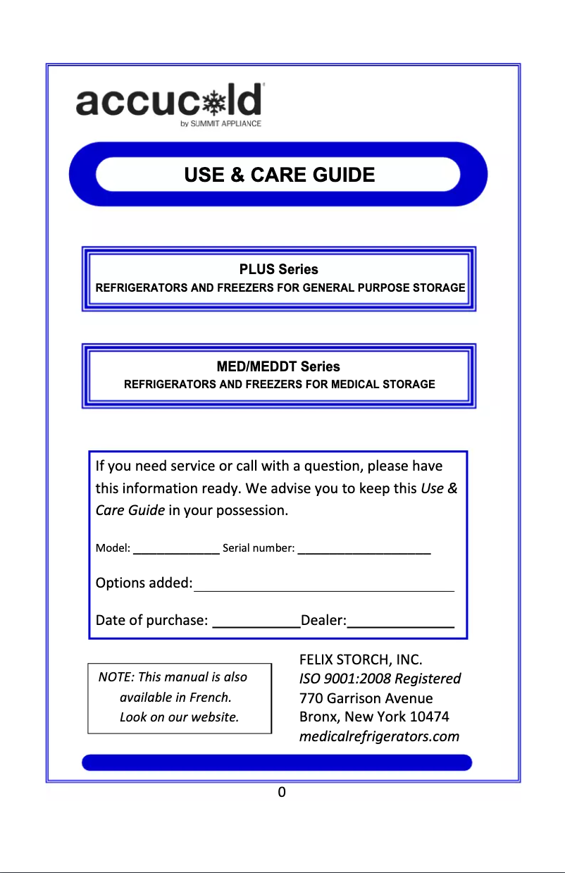 Page 1 of the manual Use and Maintenance Manual Summit Accucold FS30LMED