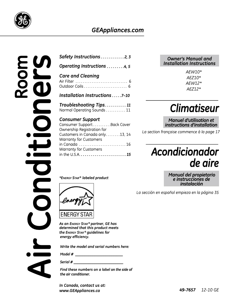 First page image of the manual for AEW12AP