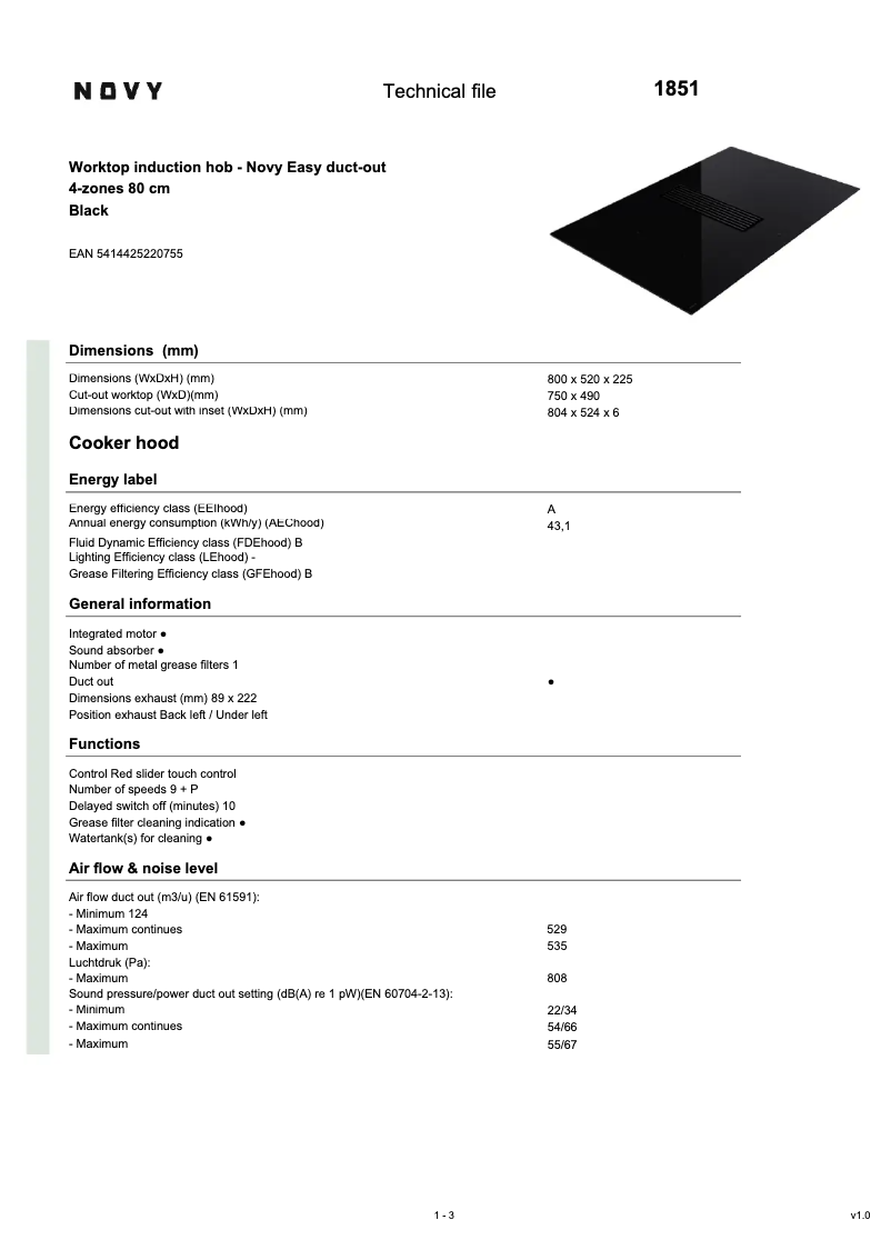 Page 1 of the manual Technical Sheet Novy Easy Pro 1851