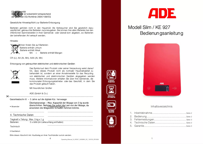 Page 1 of the manual User Manual ADE Slim KE 927