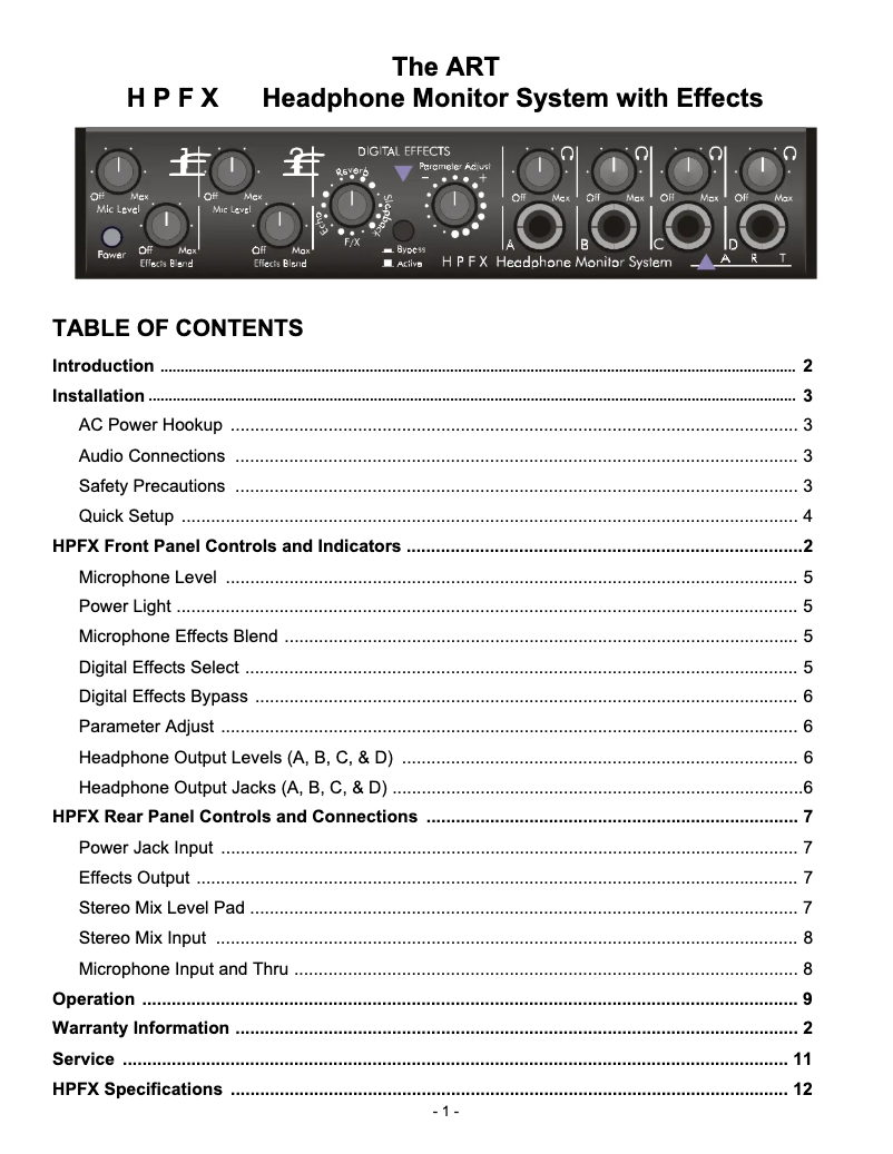 Page 1 of the manual User Manual ART HPFX