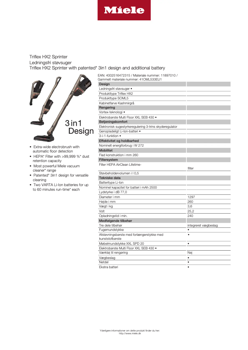 Page 1 of the manual Technical Sheet Miele Triflex HX2 Sprinter