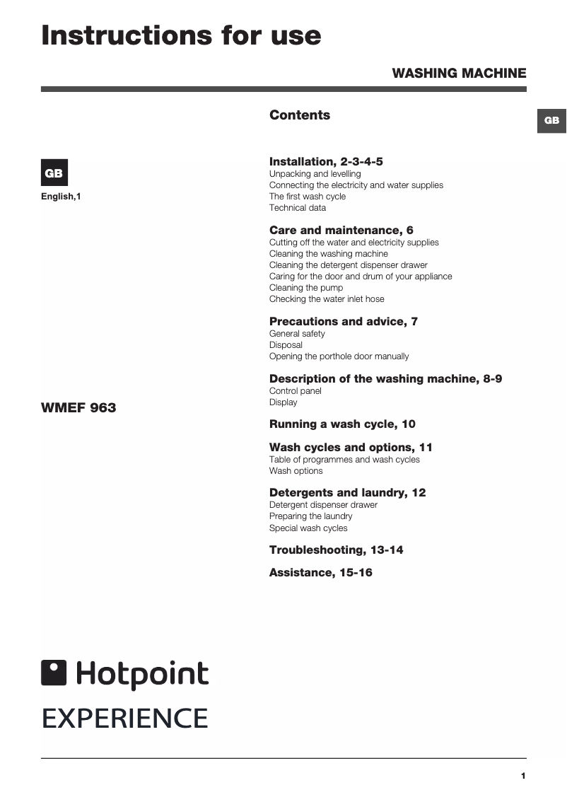 Page 1 of the manual User Manual Hotpoint Ariston WMEF 963