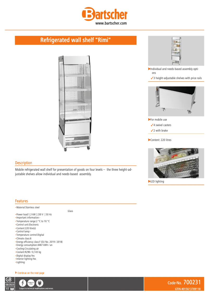 Page 1 of the manual Technical Sheet Bartscher Rimi 700226