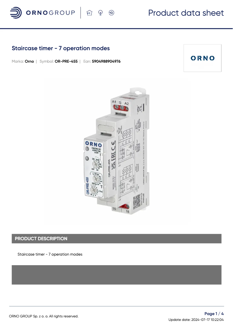 Page 1 de la notice Fiche technique ORNO OR-PRE-455