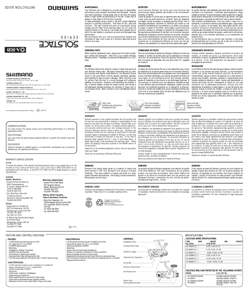 Page 1 of the manual User Manual Shimano Solstace 1000RH