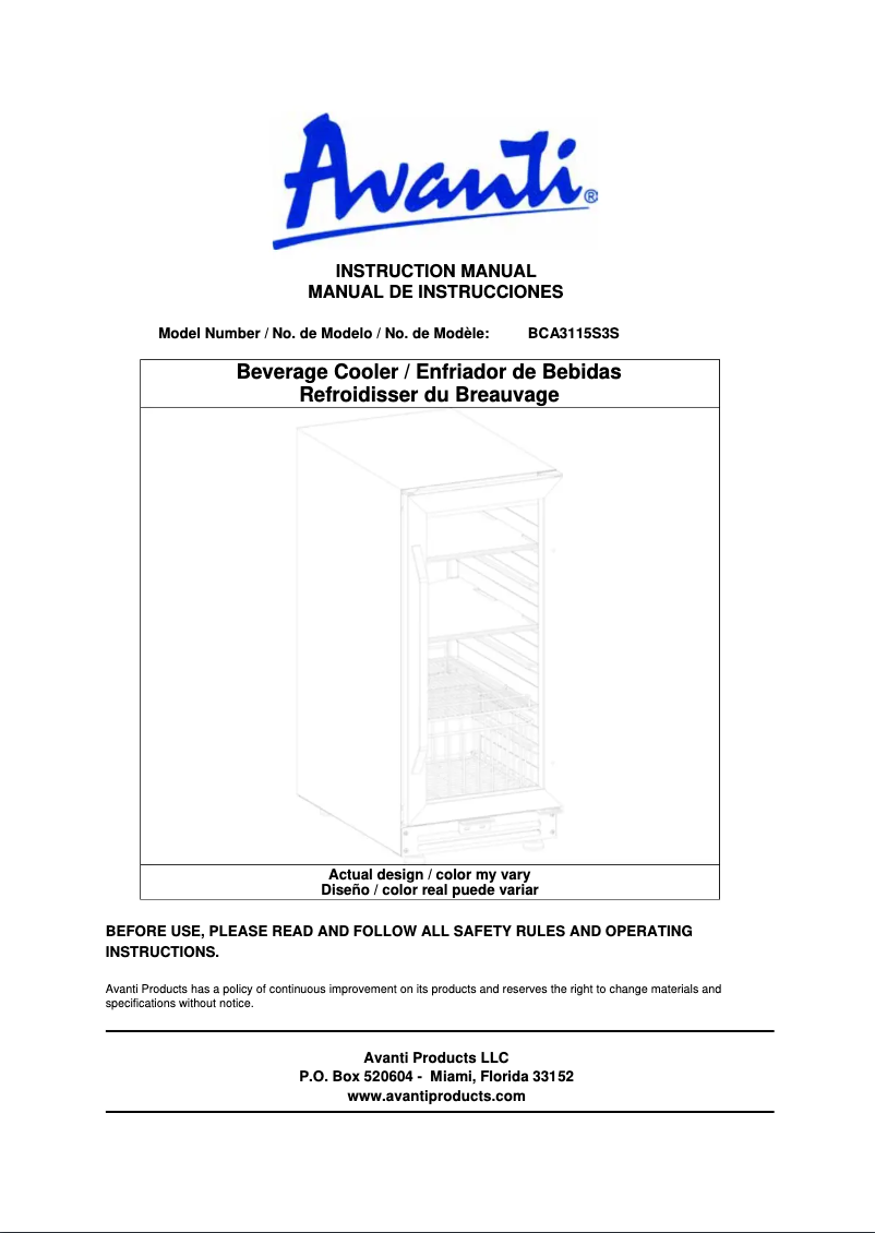 Page 1 of the manual User Manual Avanti BCA3115S3S