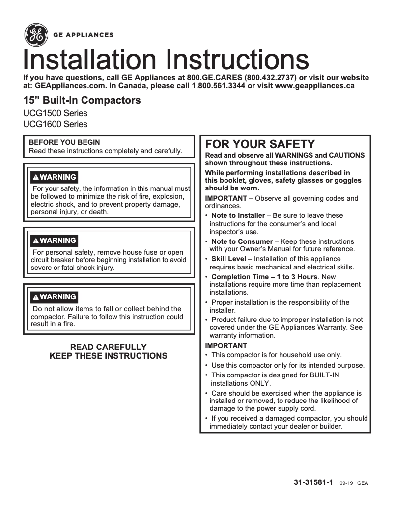 Page 1 of the manual Installation Guide GE UCG1500NBB