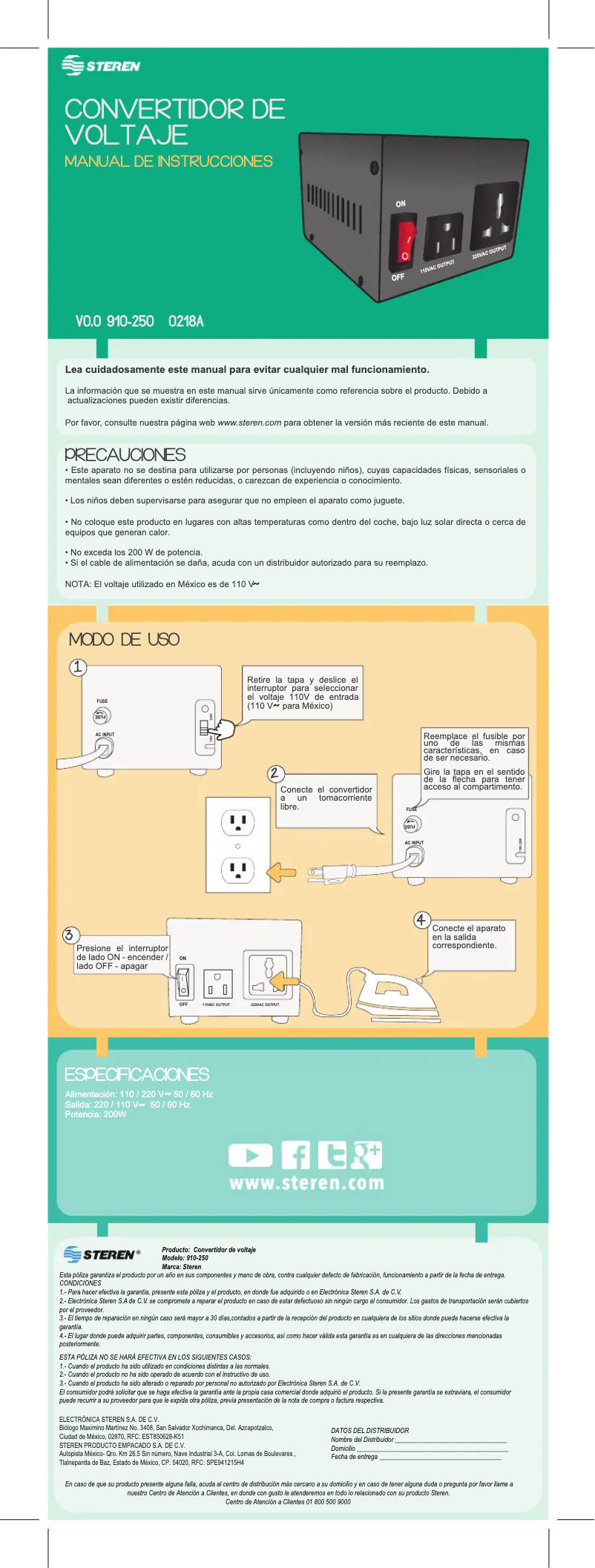 Page 1 of the manual User Manual Steren 910-250