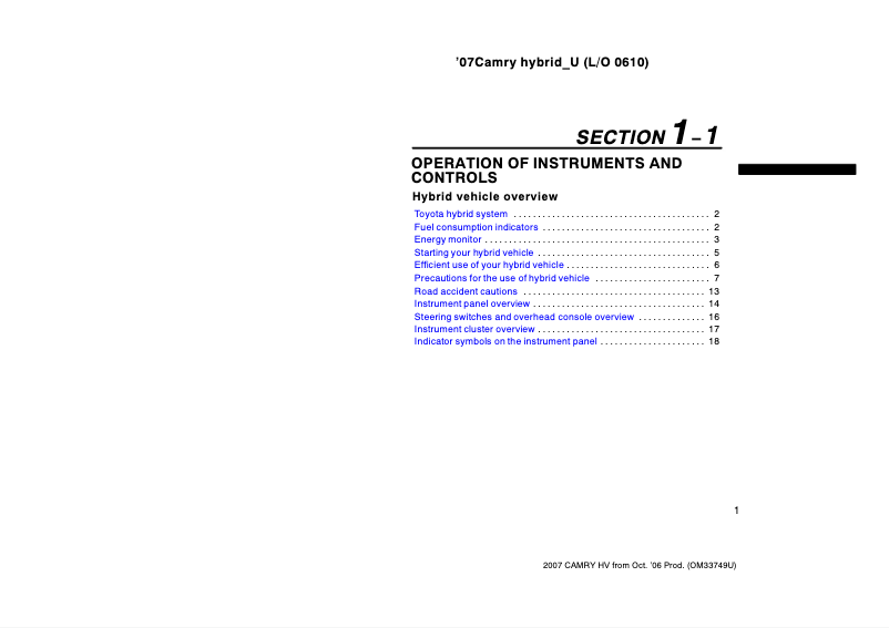 Page 1 of the manual User Manual Toyota Camry Hybrid (2007)
