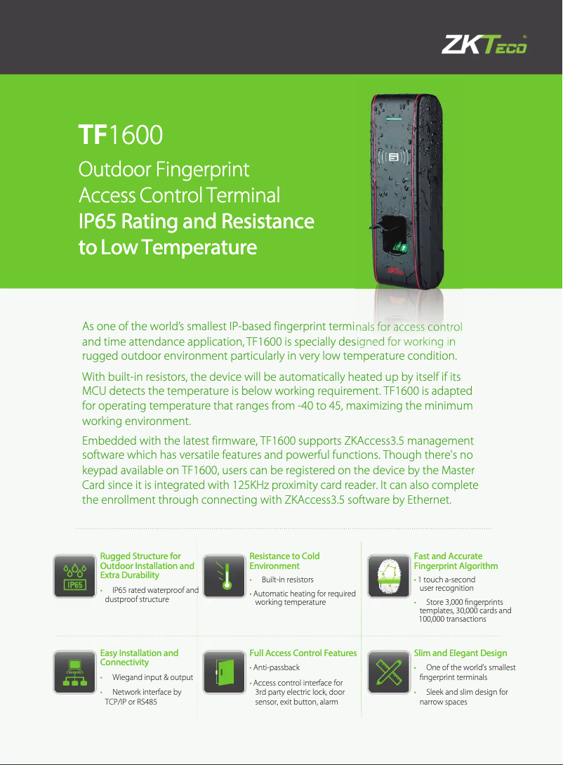Page 1 of the manual Technical Sheet ZKTeco TF1600