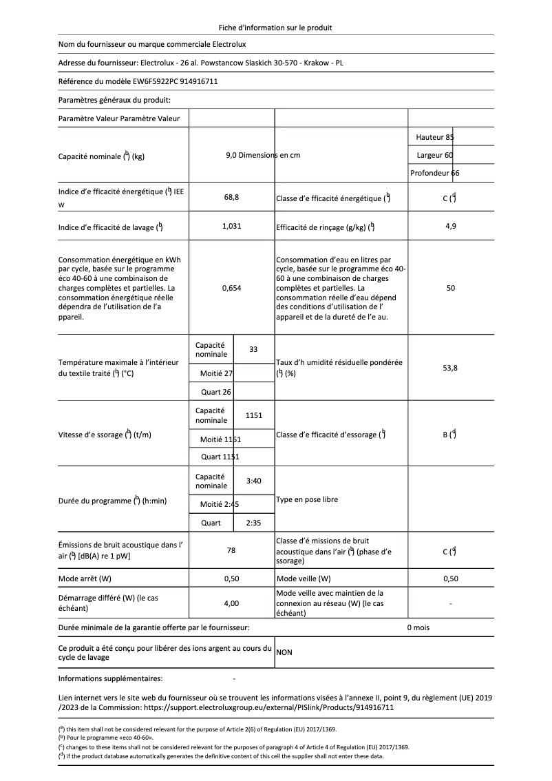 Page 1 of the manual Technical Sheet Electrolux EW6F5922PC