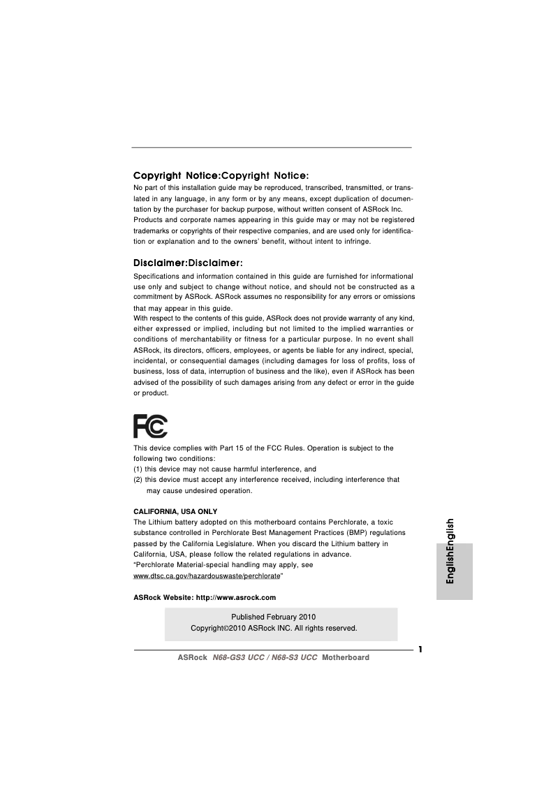 Page 1 of the manual User Manual Asrock N68-GS3 UCC