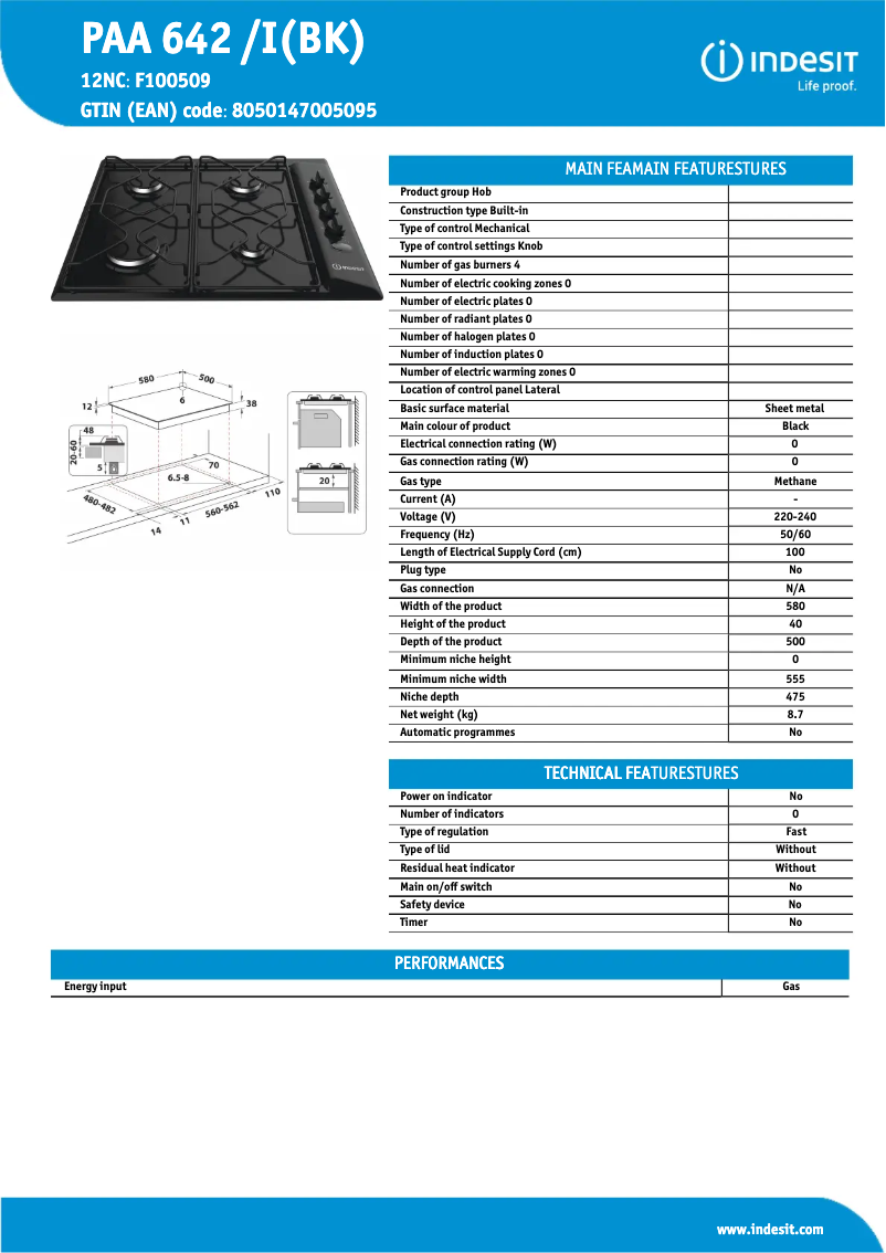 Page 1 of the manual Technical Sheet Indesit 642 PAA /I(BK)