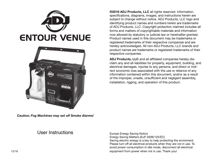First page image of the manual for Entour Venue