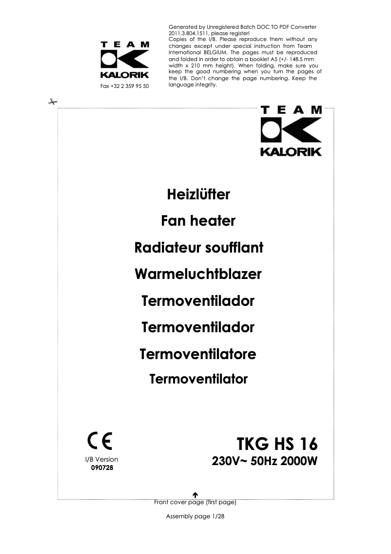 First page image of the manual for TKG HS 16