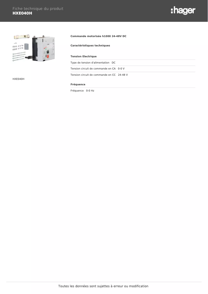 Page 1 of the manual Technical Sheet Hager HXE040H