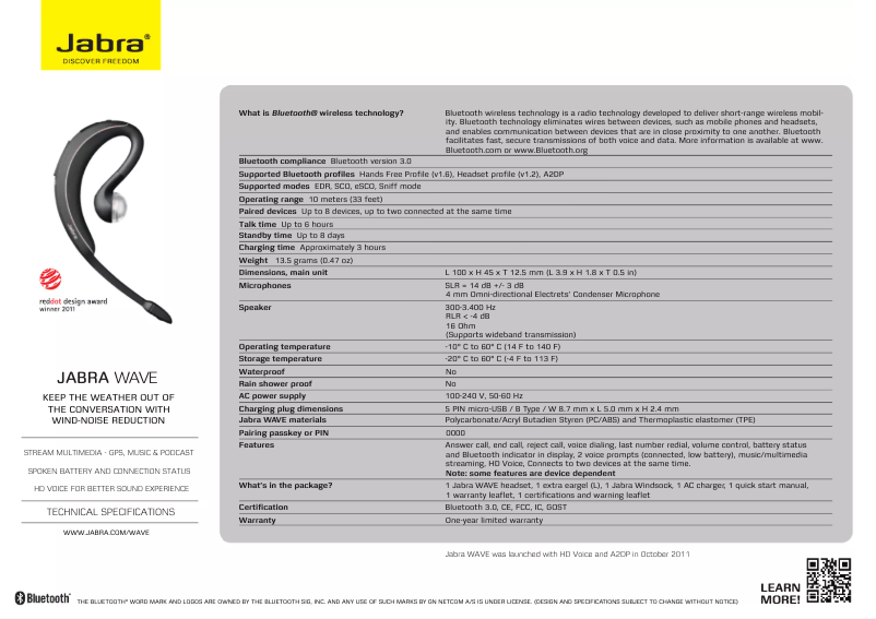 Page 1 of the manual Technical Sheet Jabra Wave