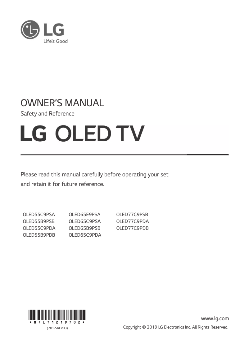 First page image of the manual for OLED55C9PSA