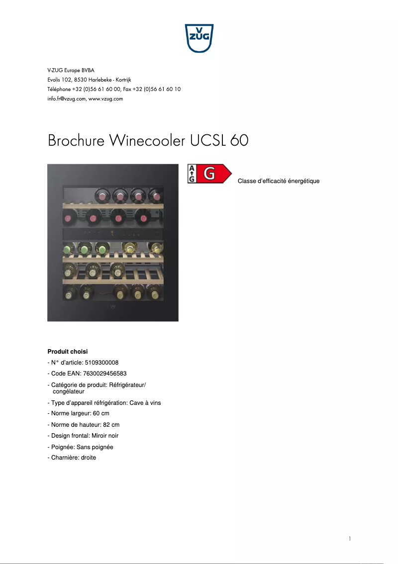Page 1 of the manual Brochure V-Zug Winecooler UCSL 60