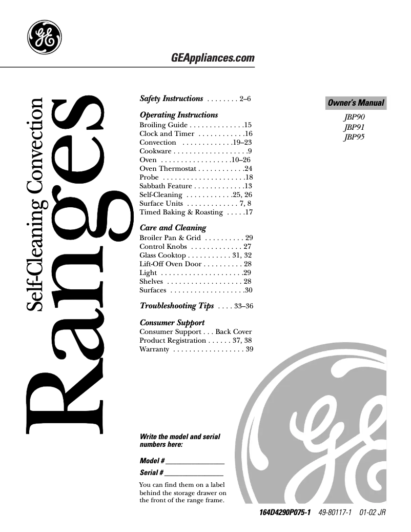 First page image of the manual for Profile JBP90TFWW