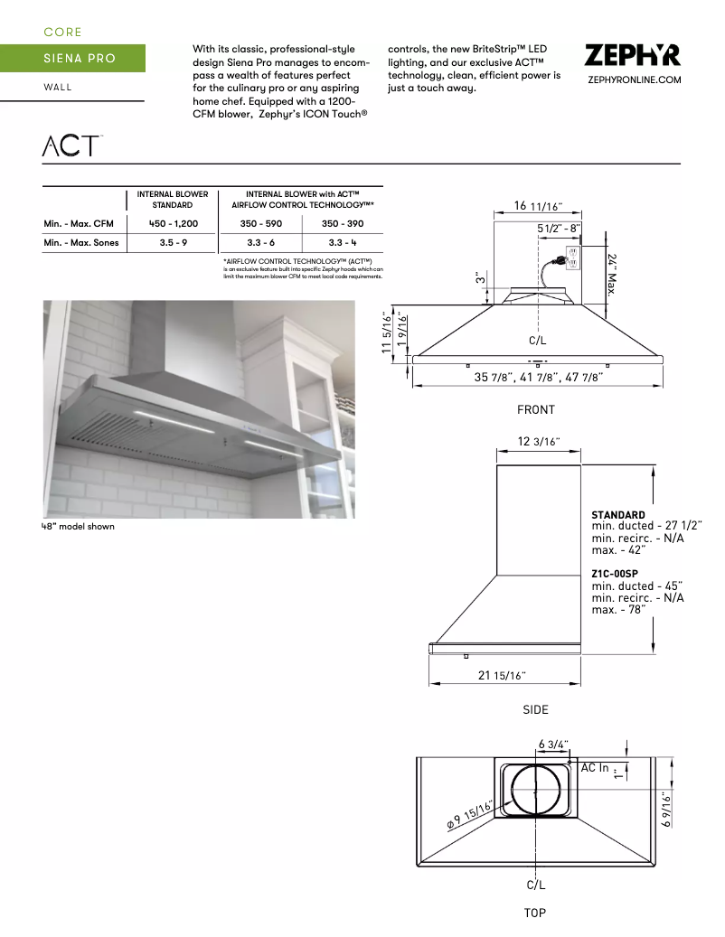 Page 1 of the manual Technical Sheet Zephyr ZSPE36BS